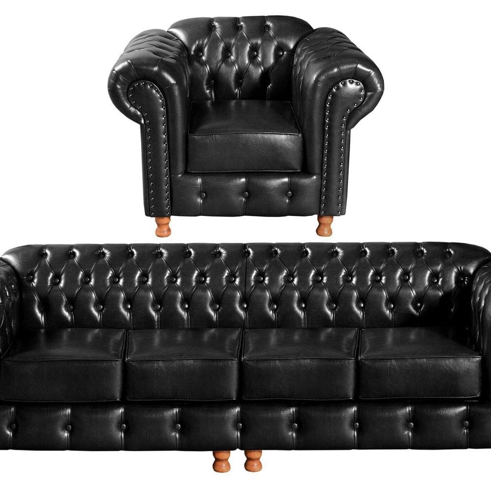 Conjunto De Sofá 4 Lugares E 1 Poltrona Chesterfield Luís XV Preto