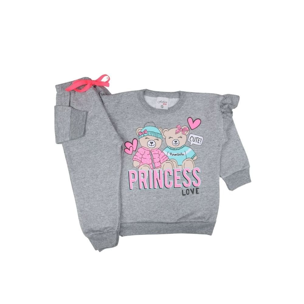 Conjunto Moletom Cinza Bebê Menina Ursinhas Flanelado Fofinho