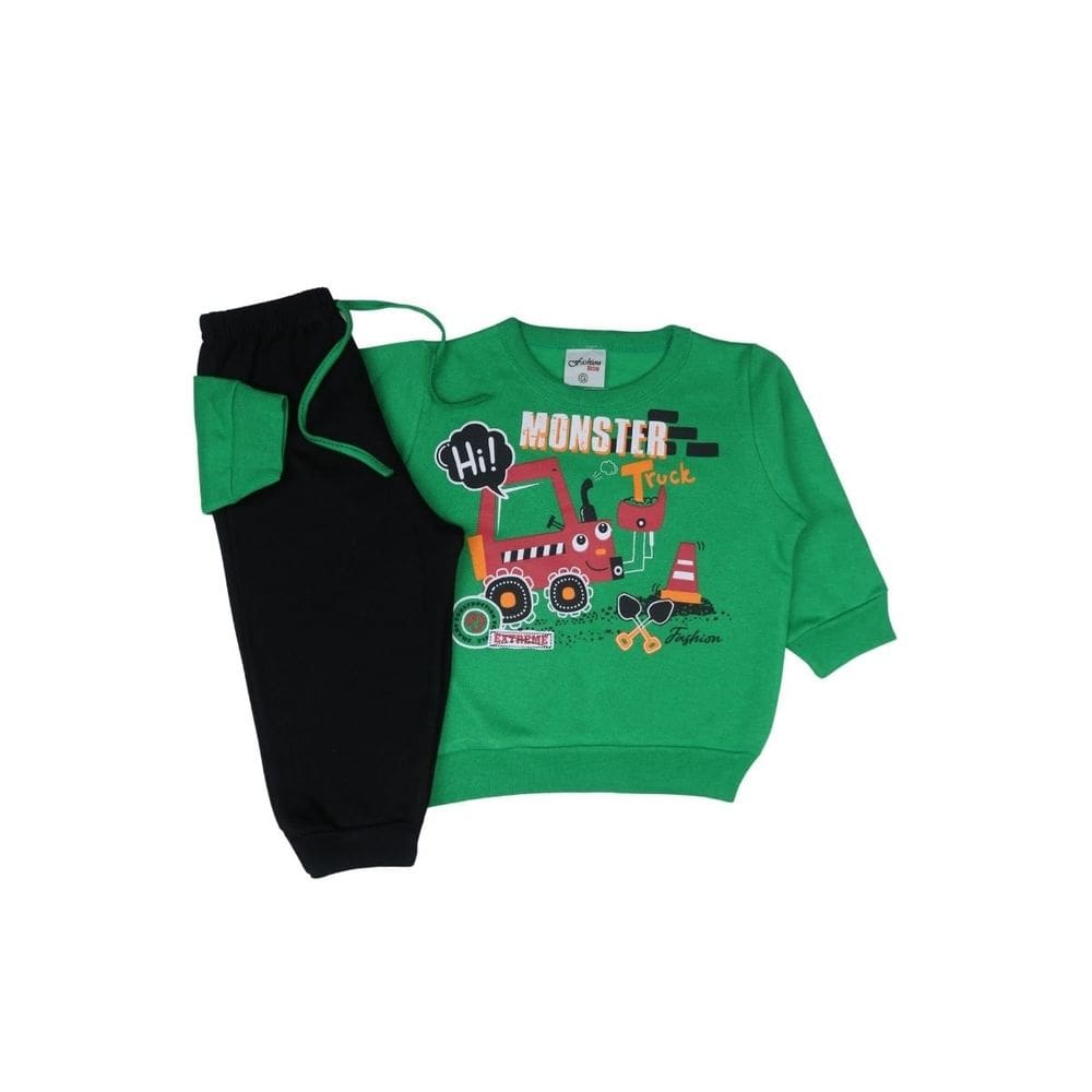 Conjunto Moletom Verde Bebê Menino Monster Truck Inverno Frio
