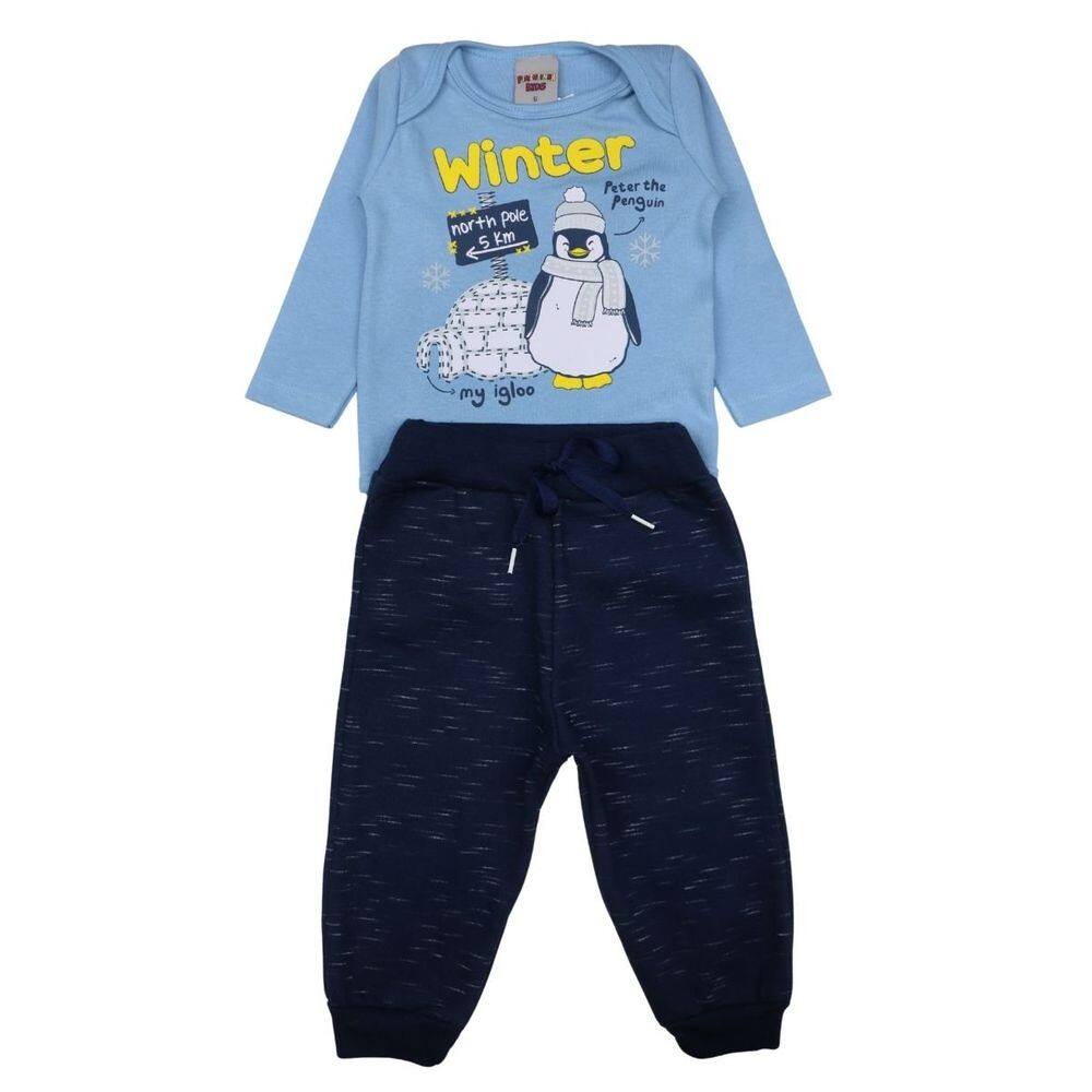 Conjunto Bebê Menino Azul Body Moletom Meia Estação