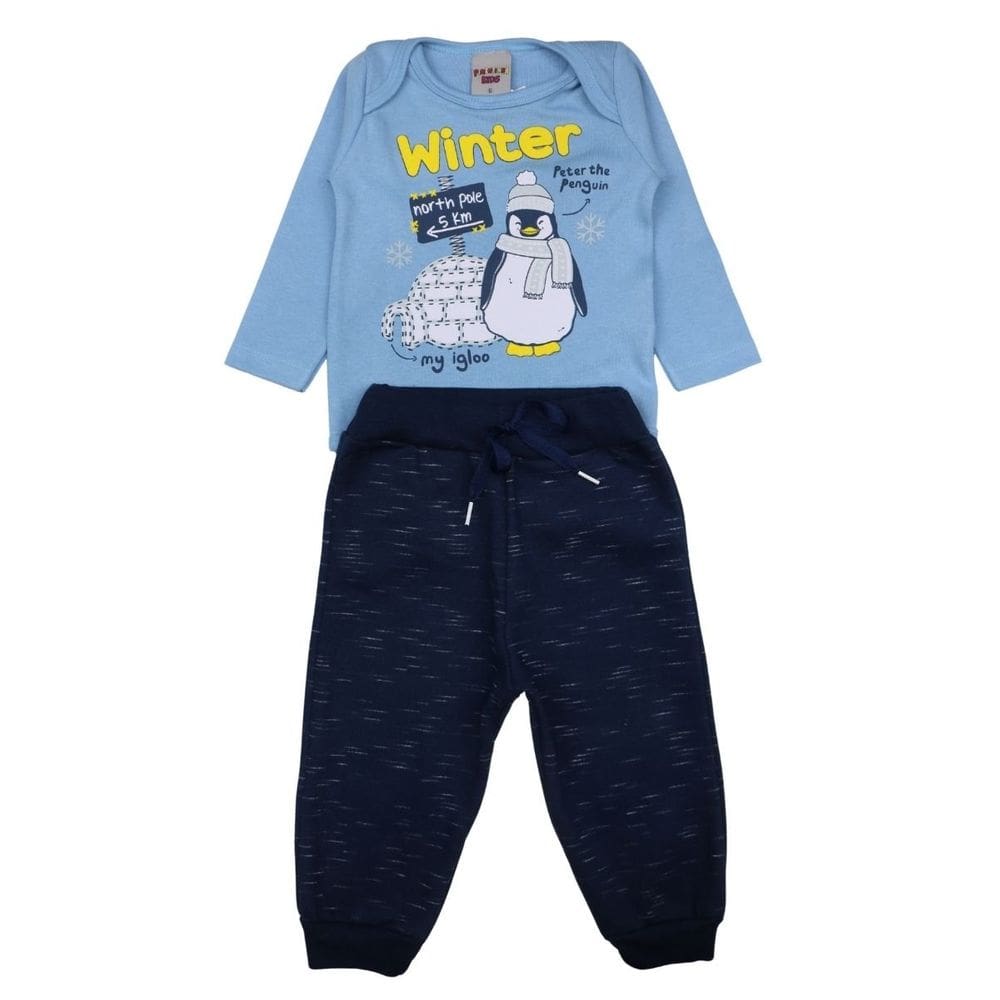 Conjunto Bebê Menino Azul Body Moletom Meia Estação