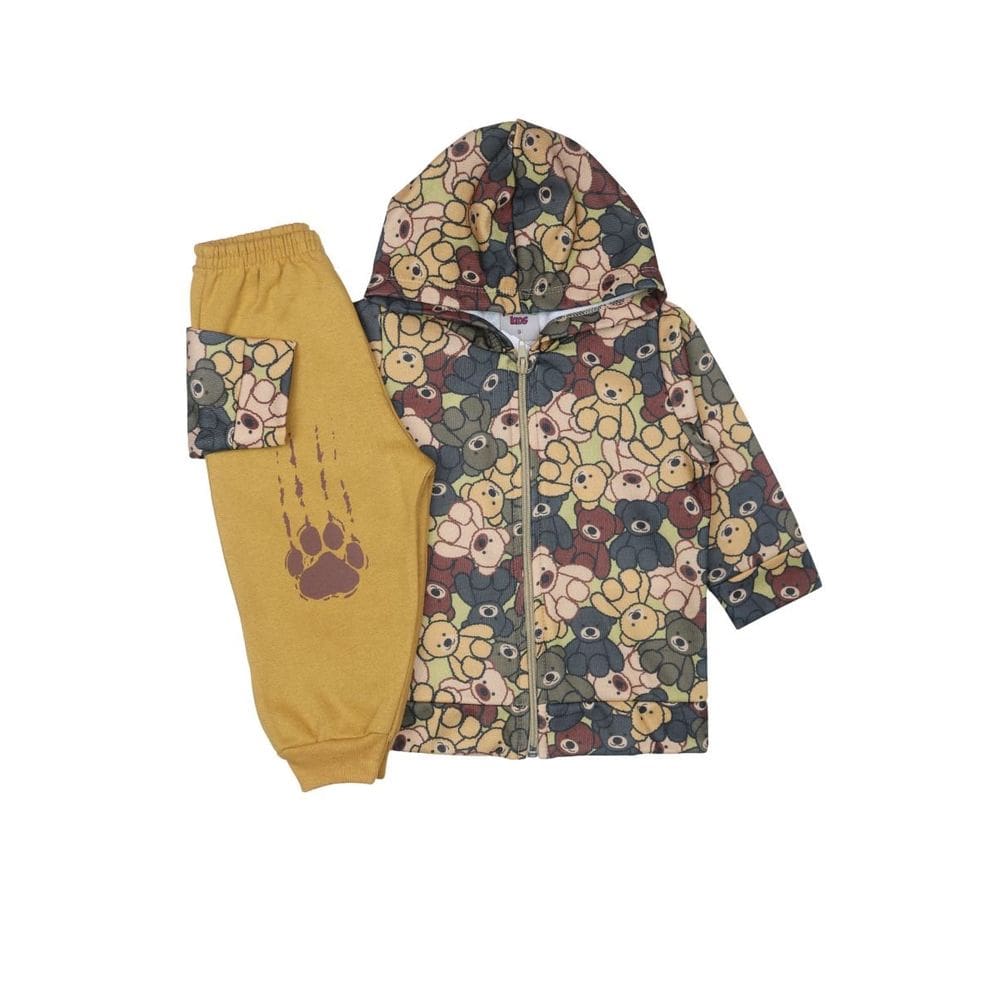 Conjunto Bebê Menino Flanelado Blusão Capuz e Calça Ursinho