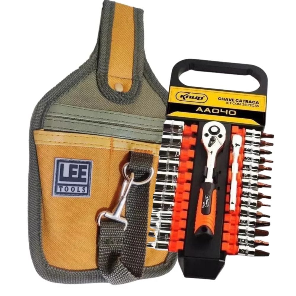 Kit Bolsa Ferramenta 4 Bolsos Lona Cinto Chave Catraca 28 Pç