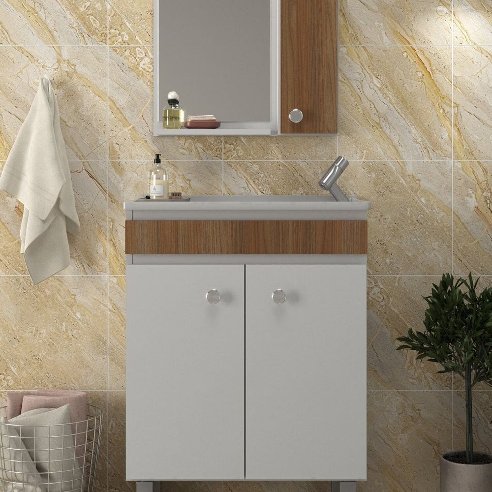 Conjunto Balcão para Banheiro com Espelheira Palermo 55 Branco/ Noce