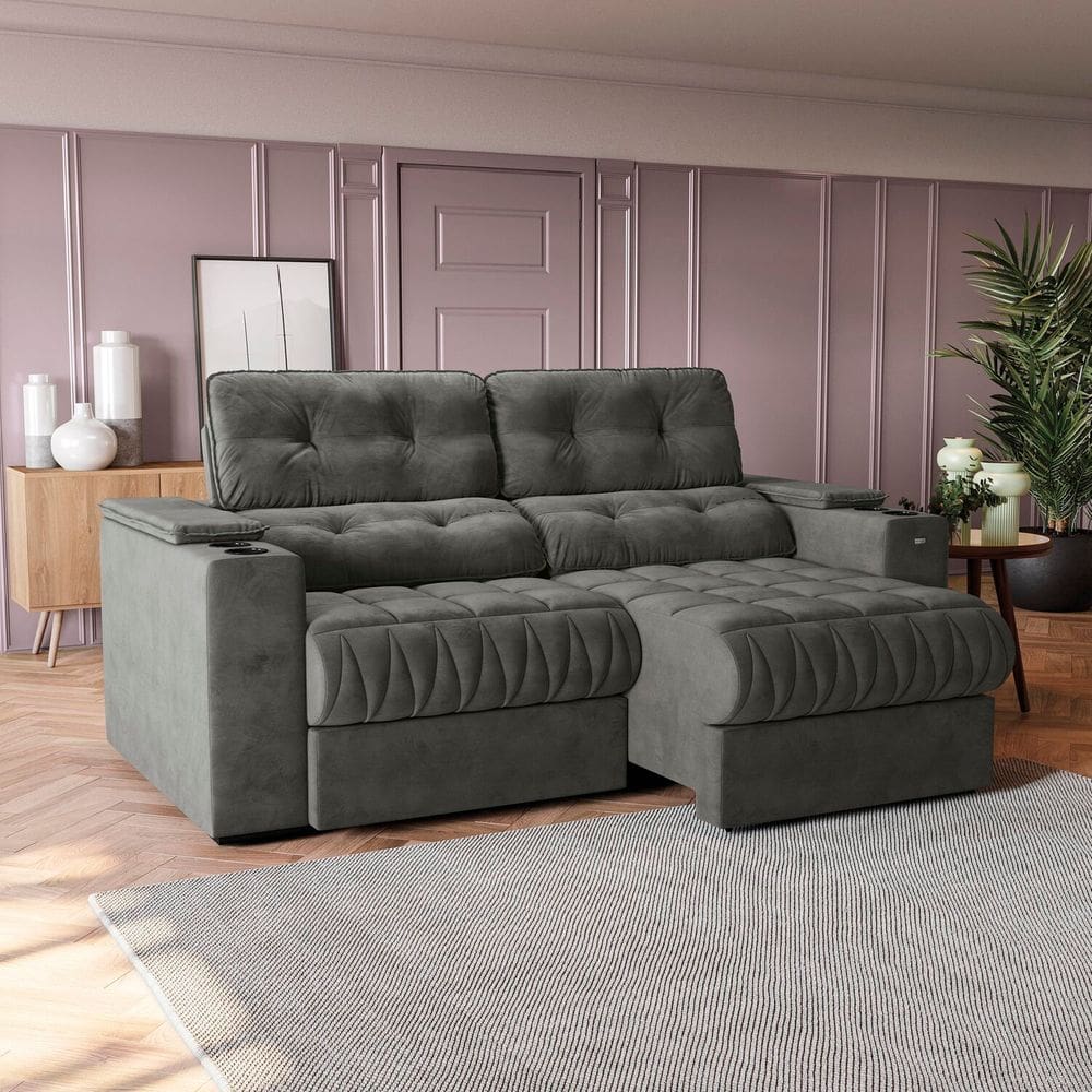 Sofá 230 cm com Porta Copos Retrátil e Reclinável Premier Cinza