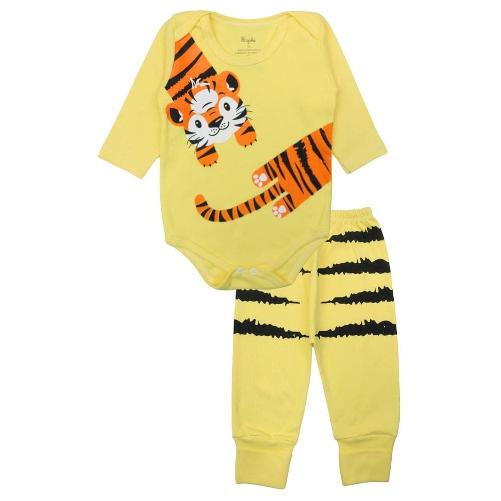 Conjunto Body Bebê Longo Algodão Amarelo Estampado Menino