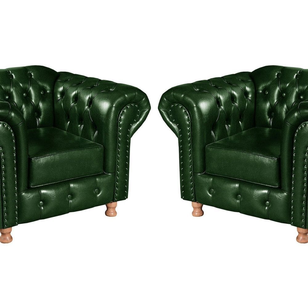 Conjunto 2 Poltronas Luis XV Chesterfield Vintage Molas Ensacadas Verde