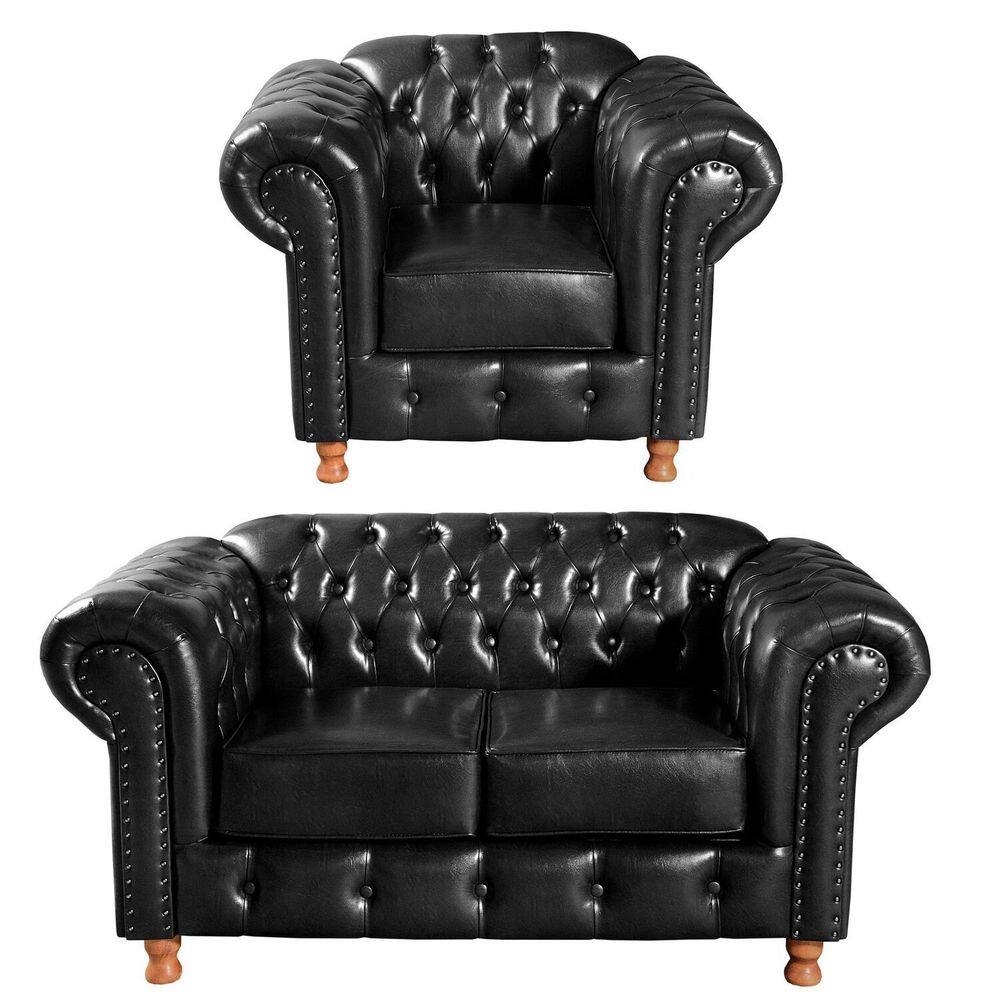Conjunto Sofá 2 Lugares e Poltrona Luis XV Chesterfield Vintage Preto