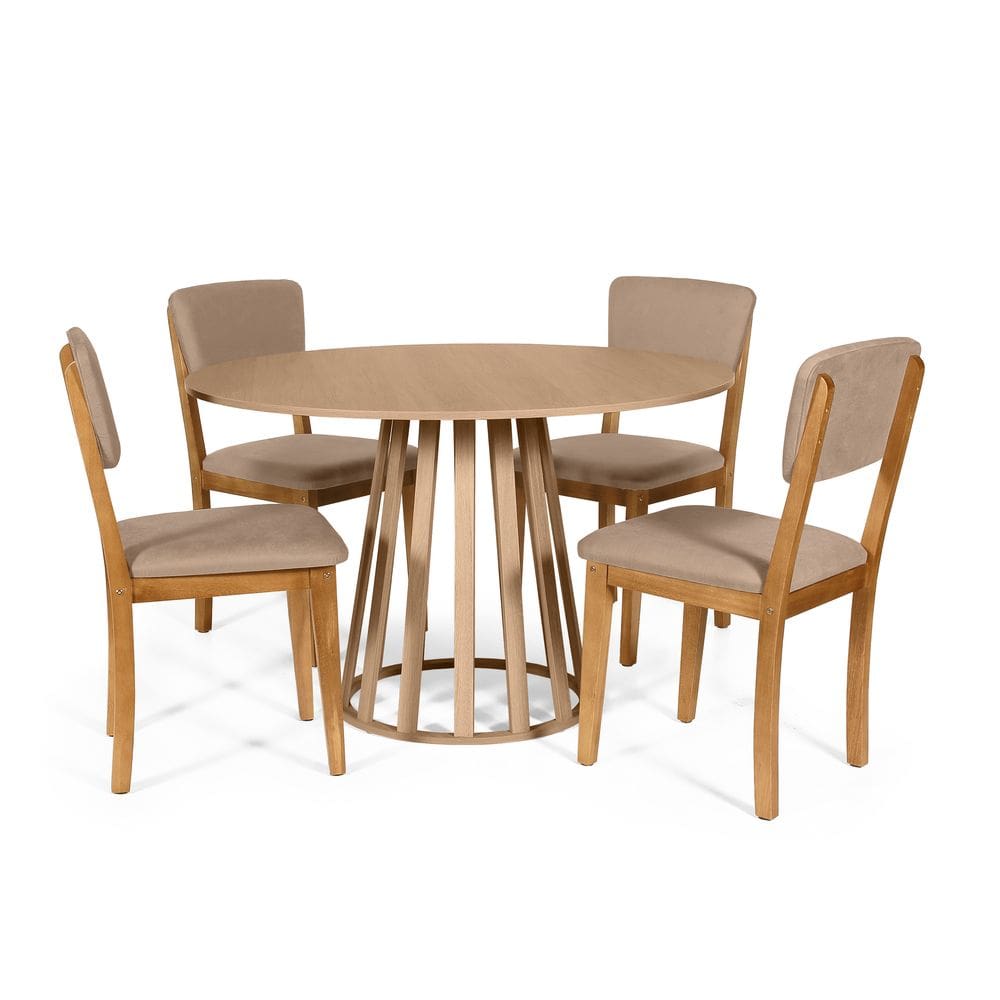 Mesa de Jantar Redonda Gabi Jade com 4 Cadeiras Estofadas Ella Marrom Claro