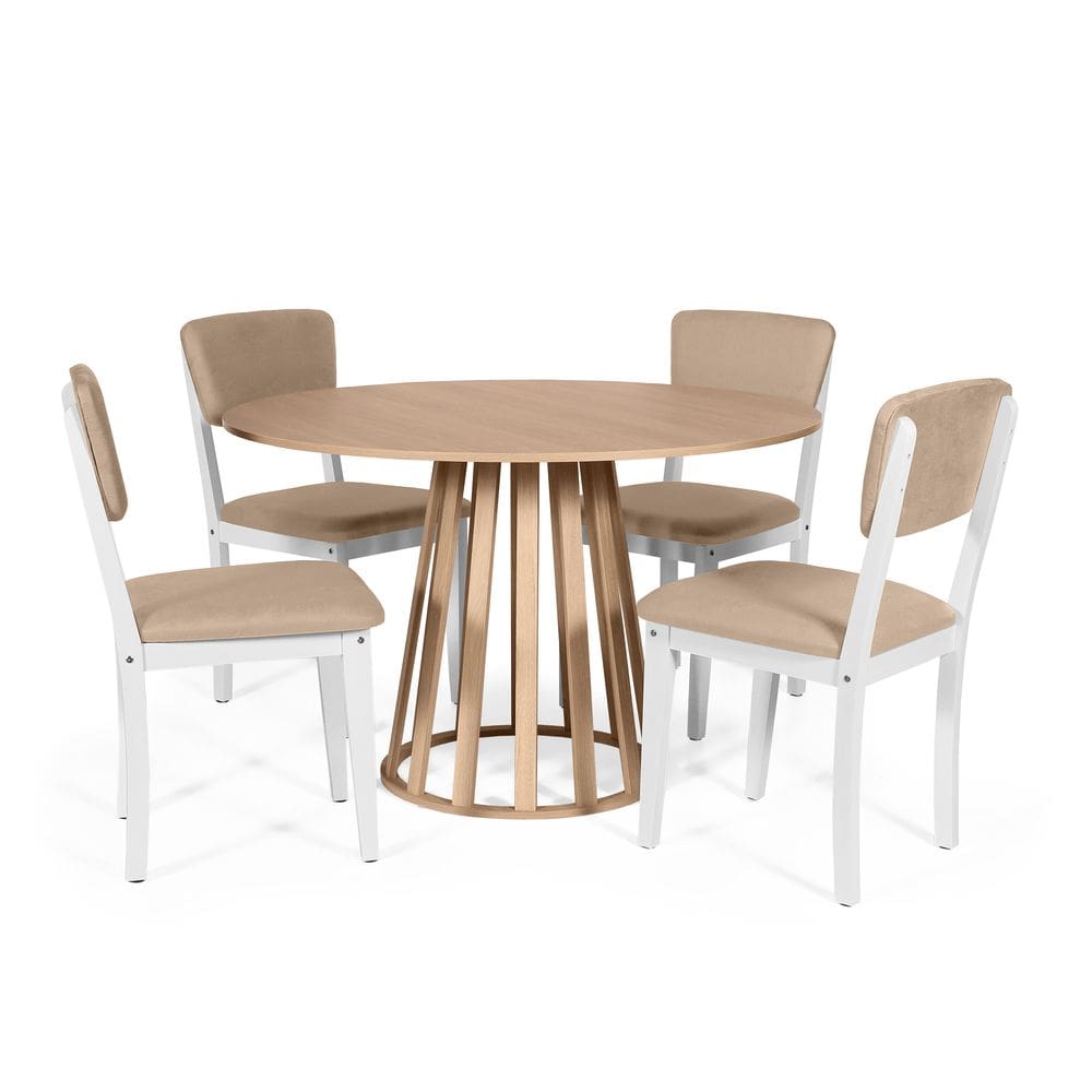 Mesa de Jantar Redonda Gabi Jade com 4 Cadeiras Estofadas Ella Branco/Bege