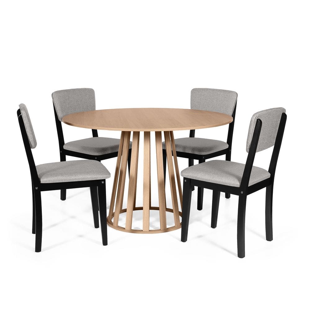 Mesa de Jantar Redonda Gabi Jade com 4 Cadeiras Estofadas Ella Preto/Cinza Claro