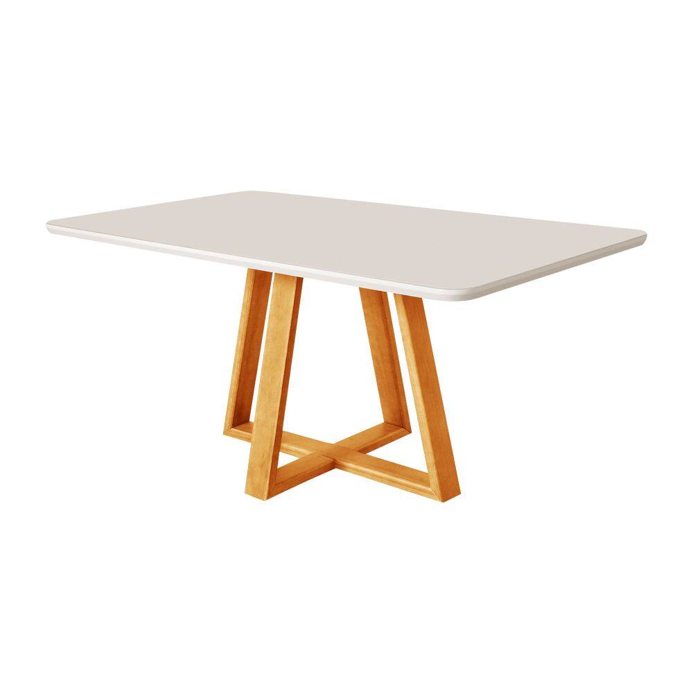 Mesa De Jantar Luxo 120X90 Tampo Mdf/Vidro Para 4 Lugares Pés Madeira Maciça Pérola - Madeira/Off White