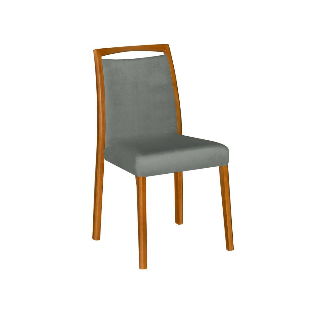 Cadeira De Jantar Luxo Estofada Jade Veludo Cinza Base Madeira Maciça