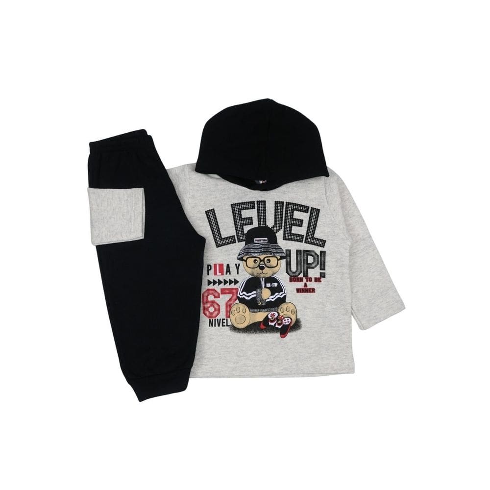 Conjunto Moletom Bege e Preto Bebê Menino Urso Inverno Frio