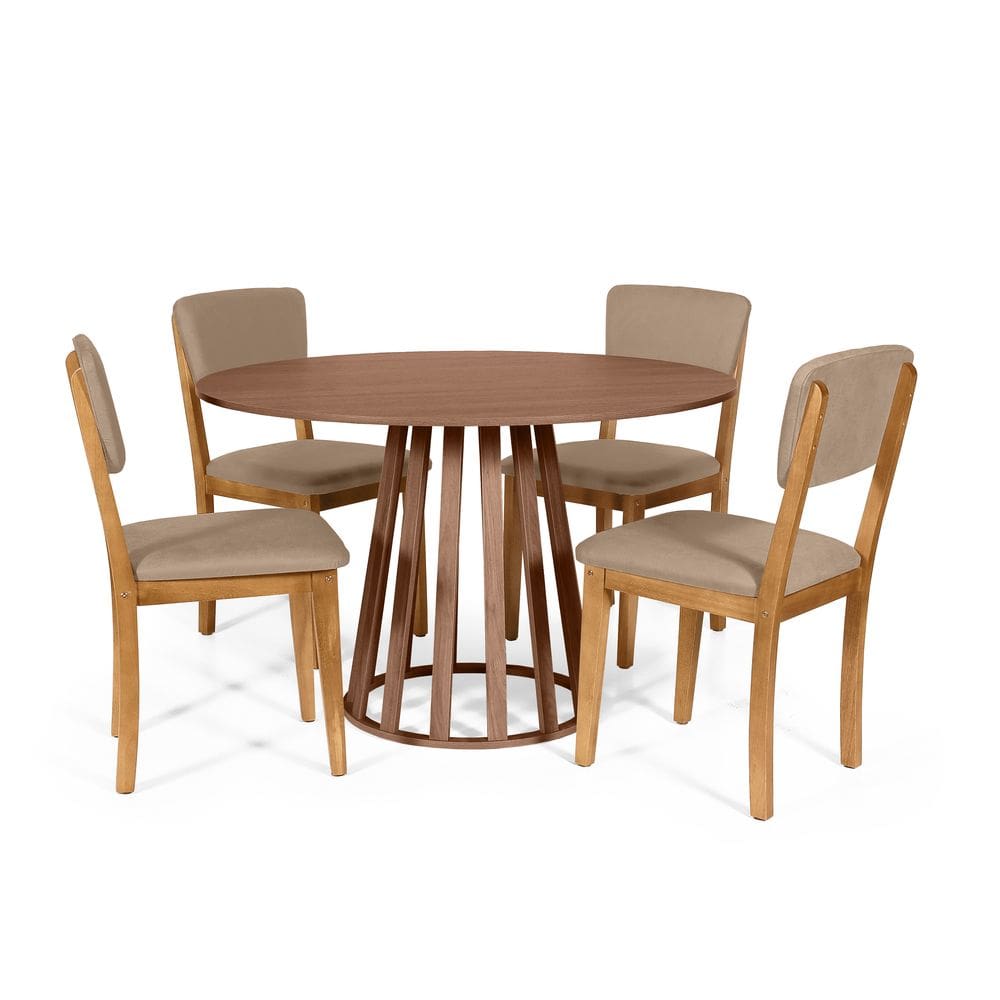 Mesa de Jantar Redonda Gabi Noronha com 4 Cadeiras Estofadas Ella Marrom Claro