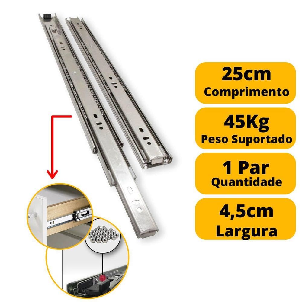 Corrediça telescópica gaveta reforçada 25cm 3 pares 45kg