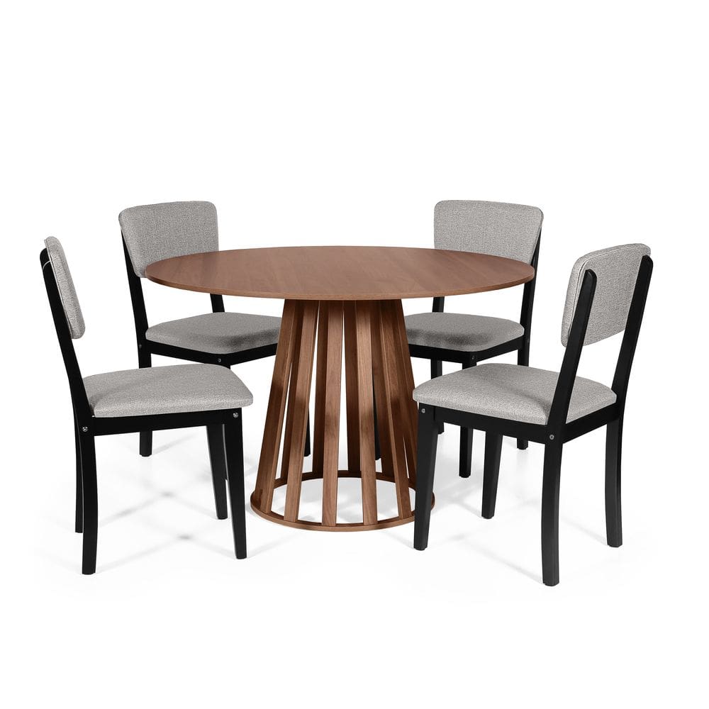 Mesa de Jantar Redonda Gabi Noronha com 4 Cadeiras Estofadas Ella Preto/Cinza Claro