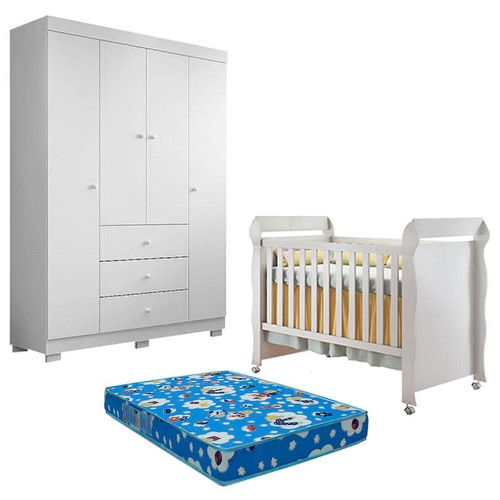 Berço Americano Mirelle e Guarda Roupa 4 Portas Duda Branco Brilho com Colchão Ortobom – Phoenix Baby