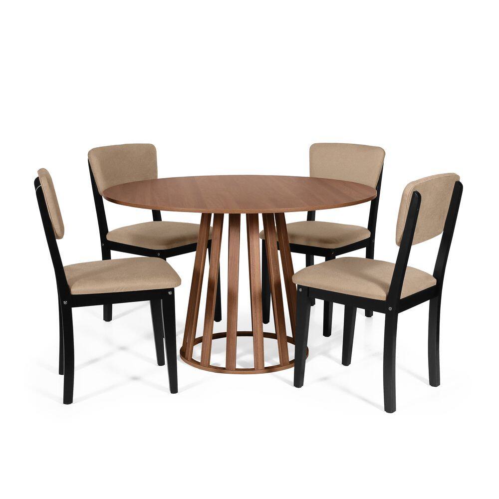 Mesa de Jantar Redonda Gabi Noronha com 4 Cadeiras Estofadas Ella Preto/Marrom Claro