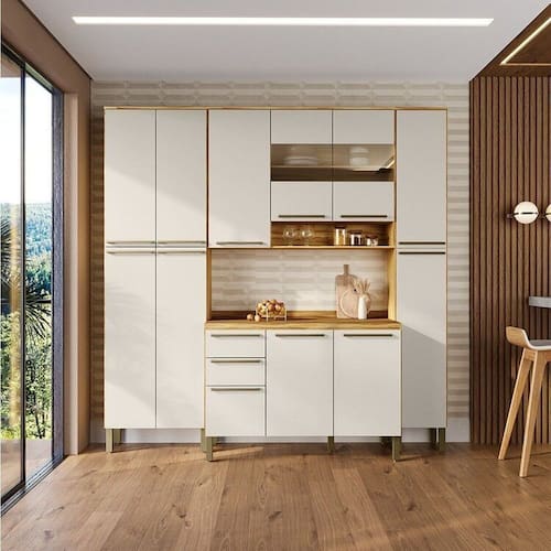 imagem-Cozinha Compacta Modulada 4 Peças 12 Portas e 2 Gavetas com Vidro e Tampo Itália Espresso Móveis Amêndoa/Off White - Bege
