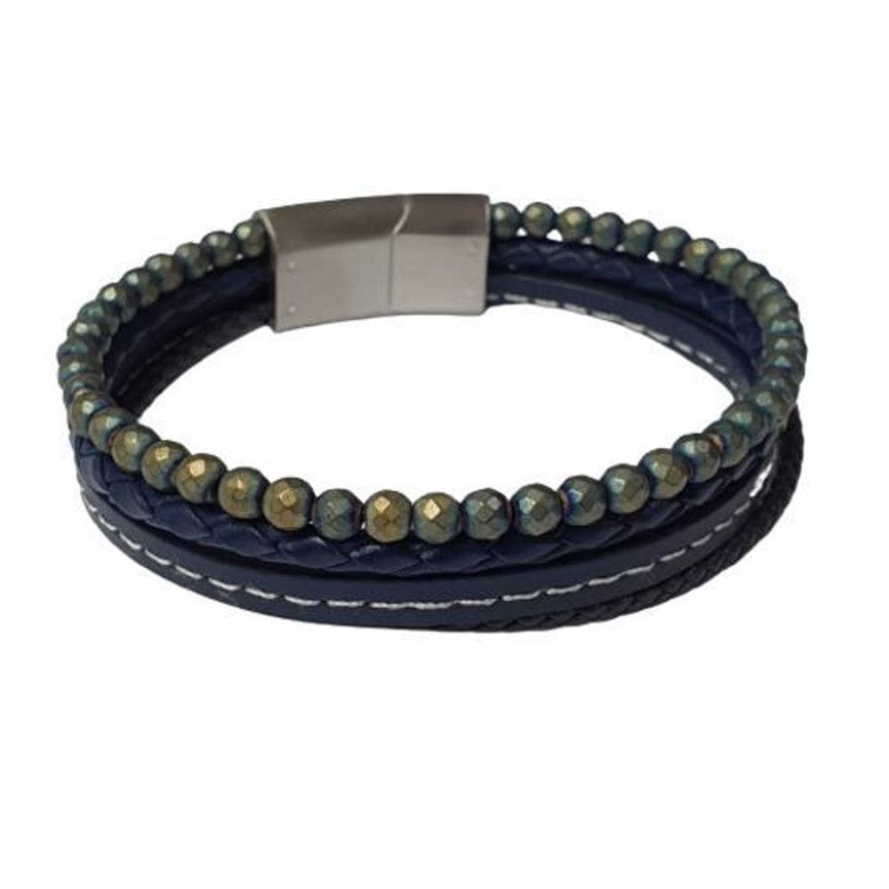 Bracelete rosso couro preto/azul /labradorita azul/dourado