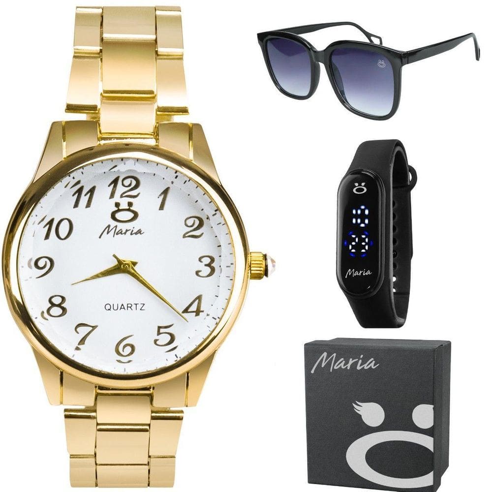 Caixa + Relogio Feminino Banhado Aço + Oculos Protecao Uv