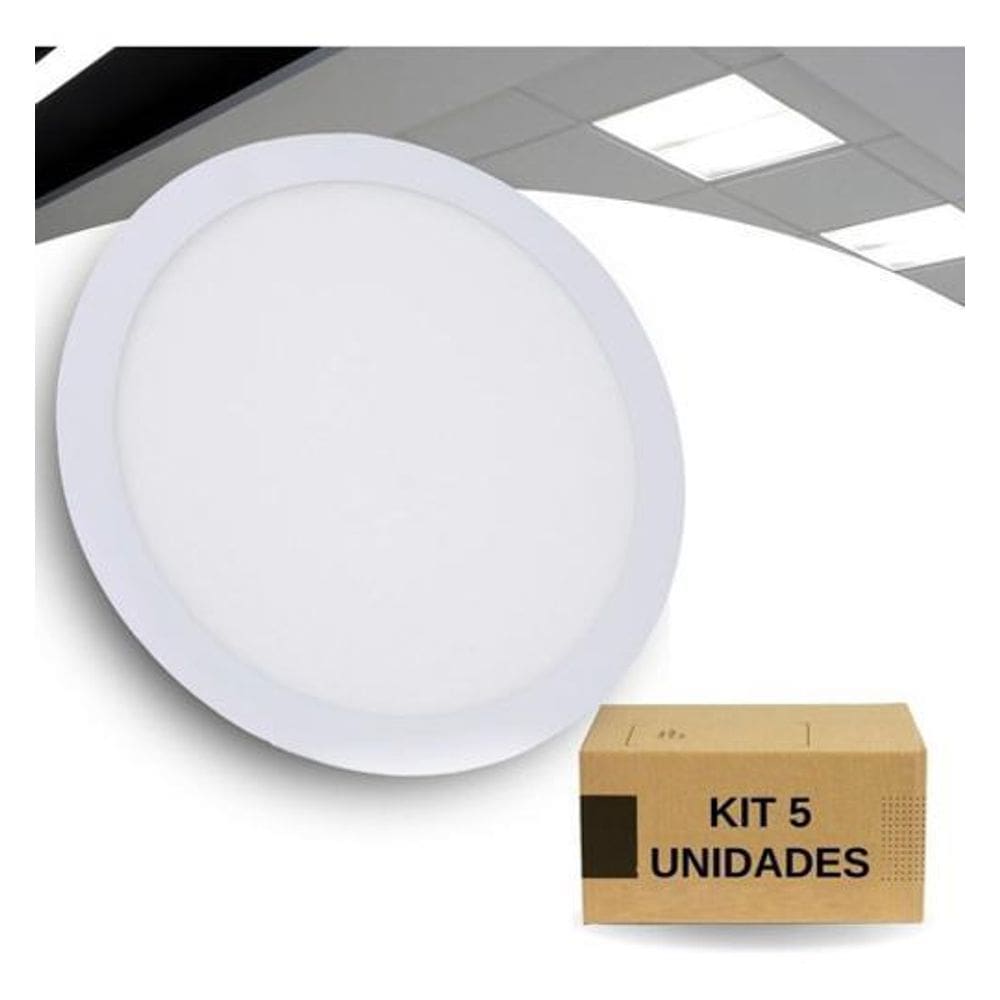 Kit 5 painéis plafon led embutir/slim redondo 24w frio
