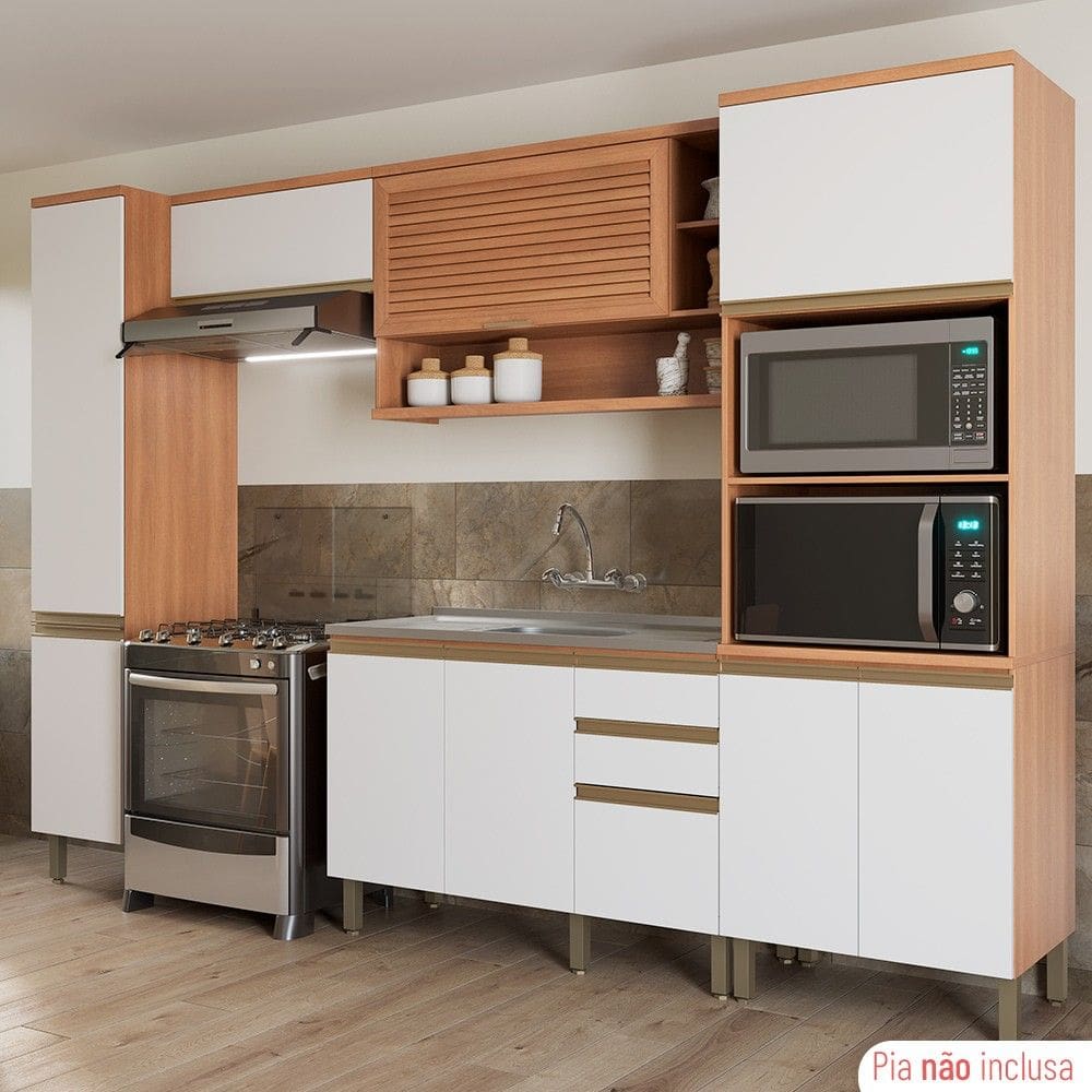 Cozinha Completa Macadâmia 9 Portas 3 Gavetas Freijó/Branco - Thela