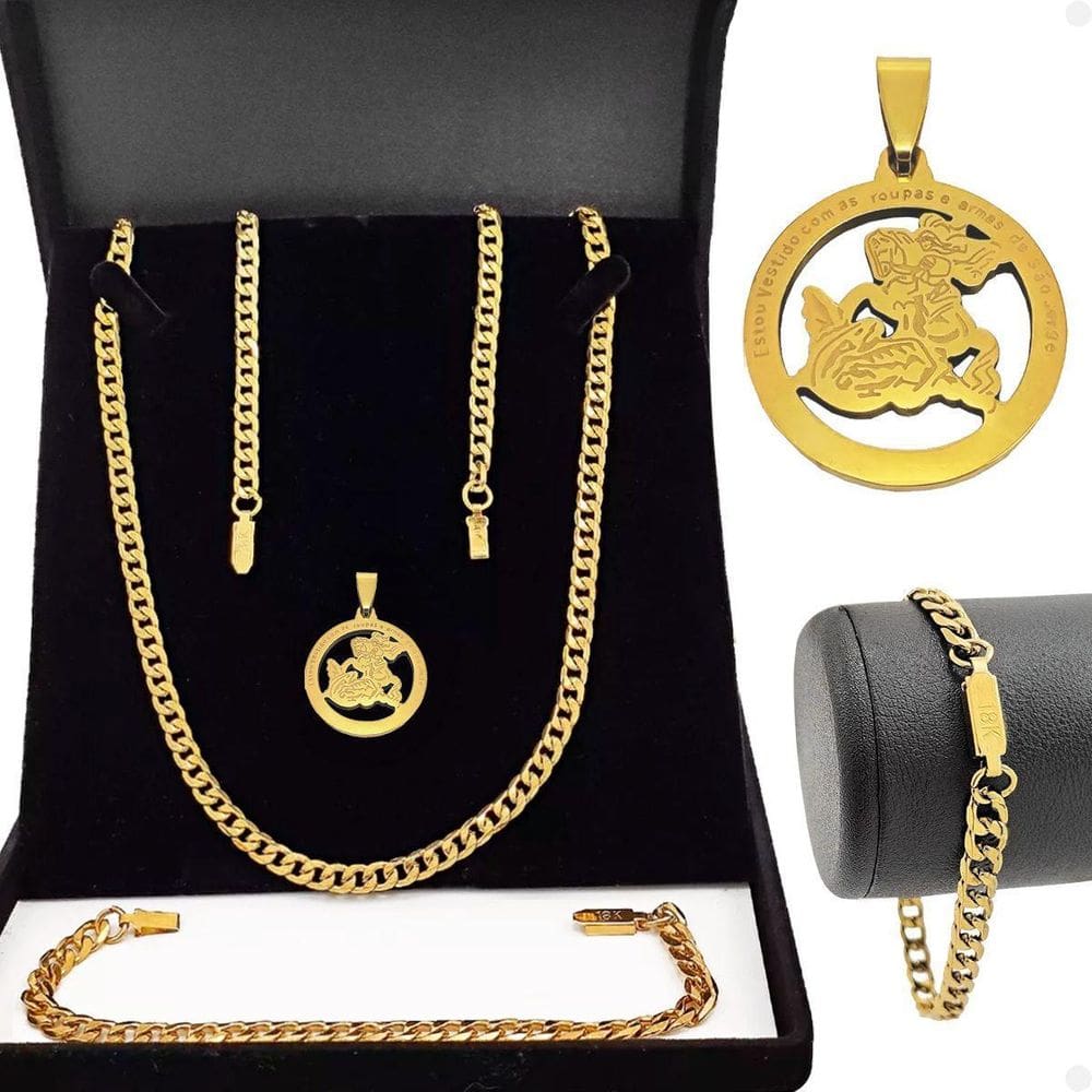 Pingente São Jorge + Corrente Dourada Aço Inox Casual Social