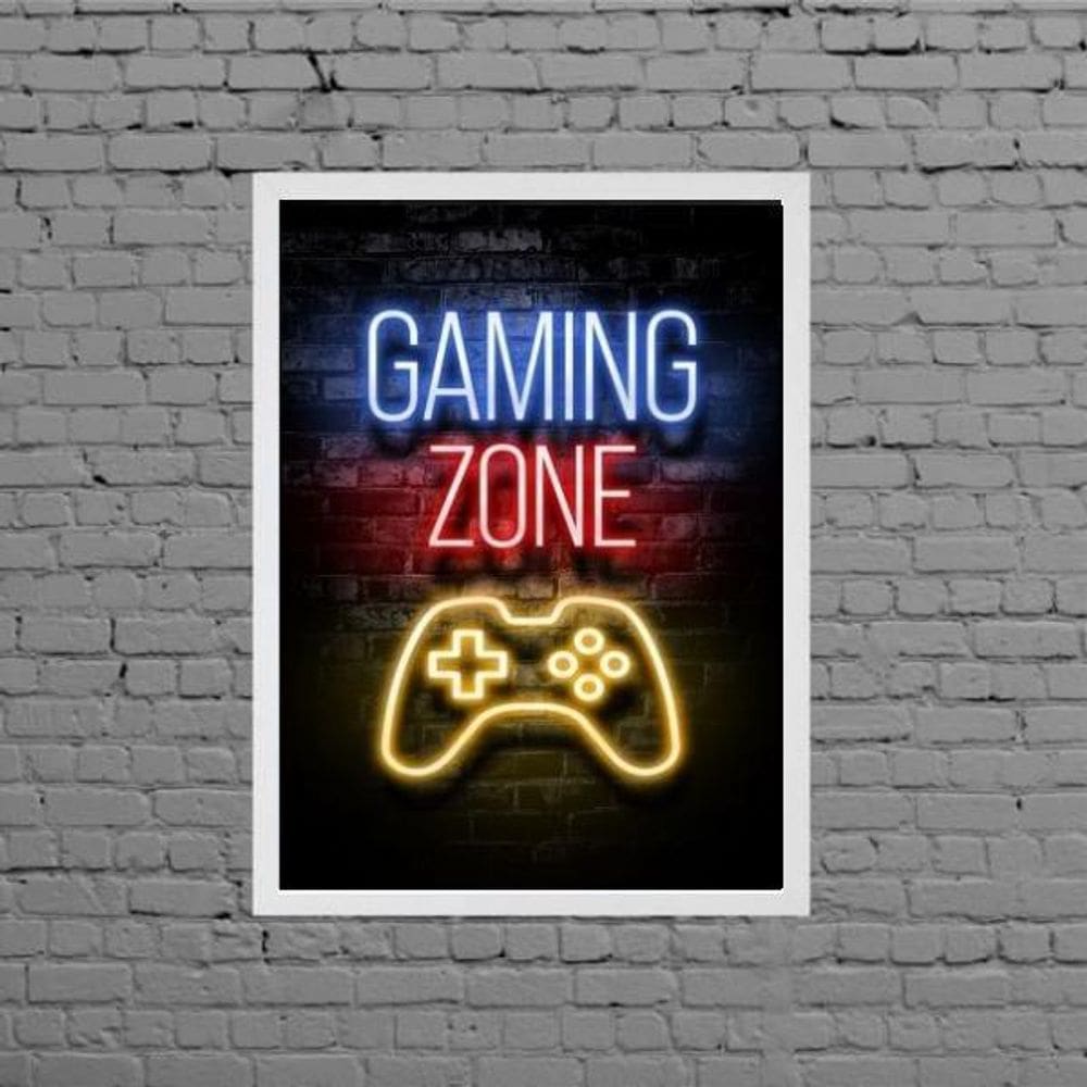 Quadro Gamer Gaming Zone 24X18Cm Branca
