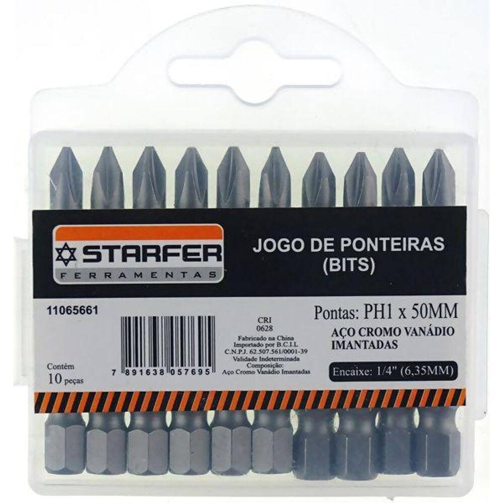 Jogo 10 bits ponta phillips 1 parafusadeira 50mm starfer