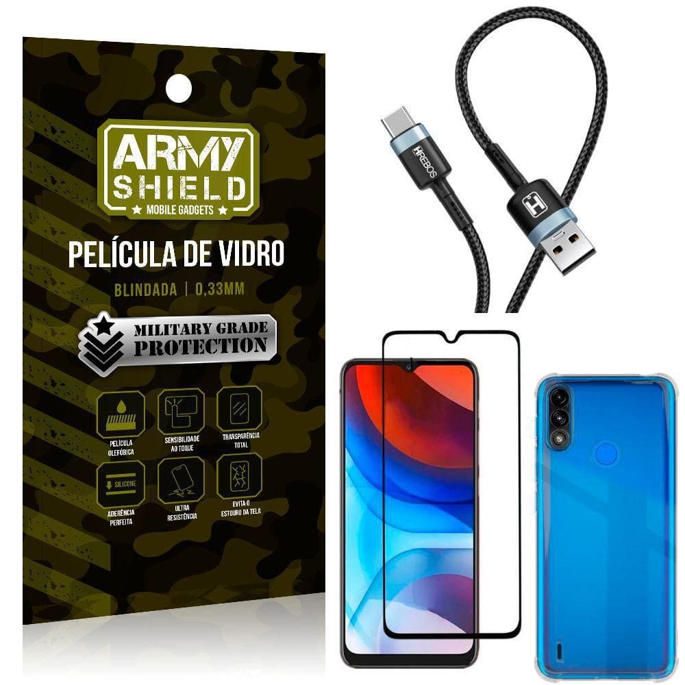 Cabo usb para tipo c moto e7 power + capinha + película 3d