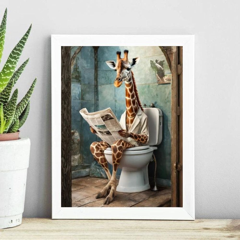 Quadro Banheiro Girafa Lendo Jornal No Vaso 33X24Cm - Vidro