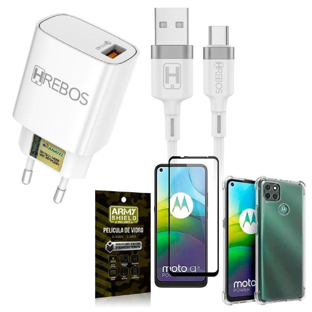 Capinha moto g9 power + carregador turbo h183 + película 3d