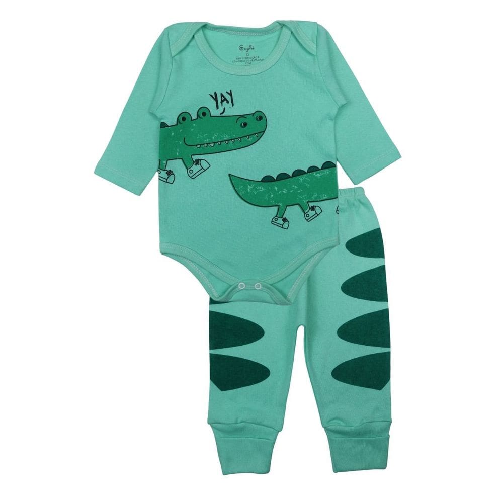 Conjunto Body Bebê Longo Algodão Verde Estampado Menino