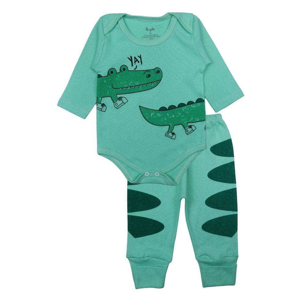 Conjunto Body Bebê Longo Algodão Verde Estampado Menino