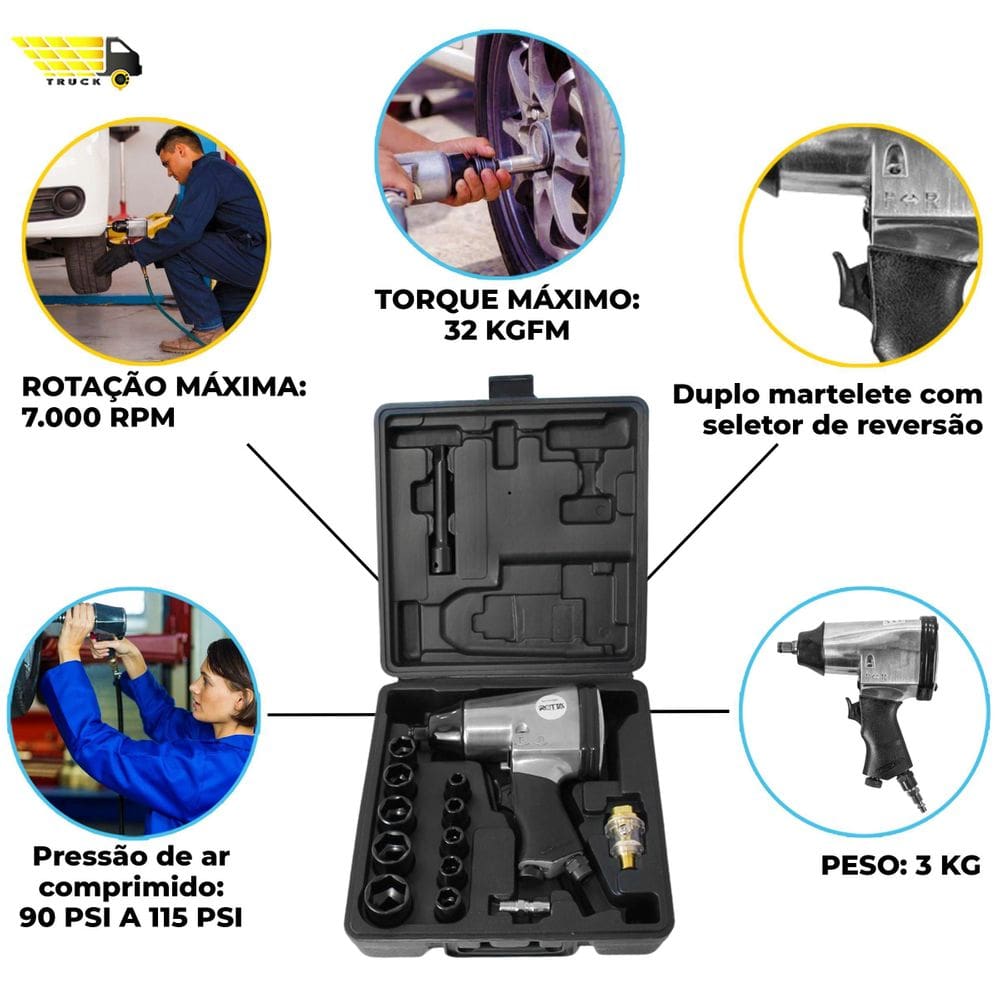 Kit chave impacto pneumática 1/2 polegada 32kgf 17 peças