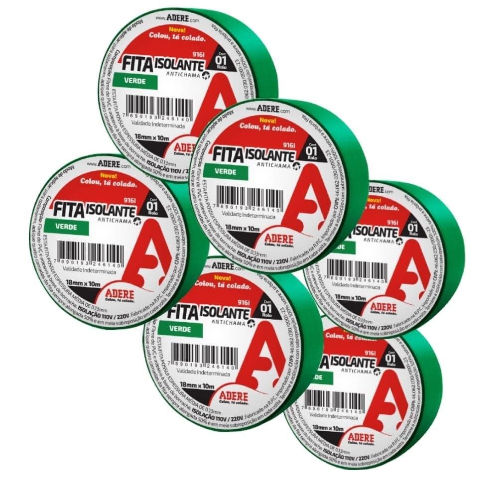 Fita Isolante Adere 18mmX10m Verde - Embalagem com 6 Unidades