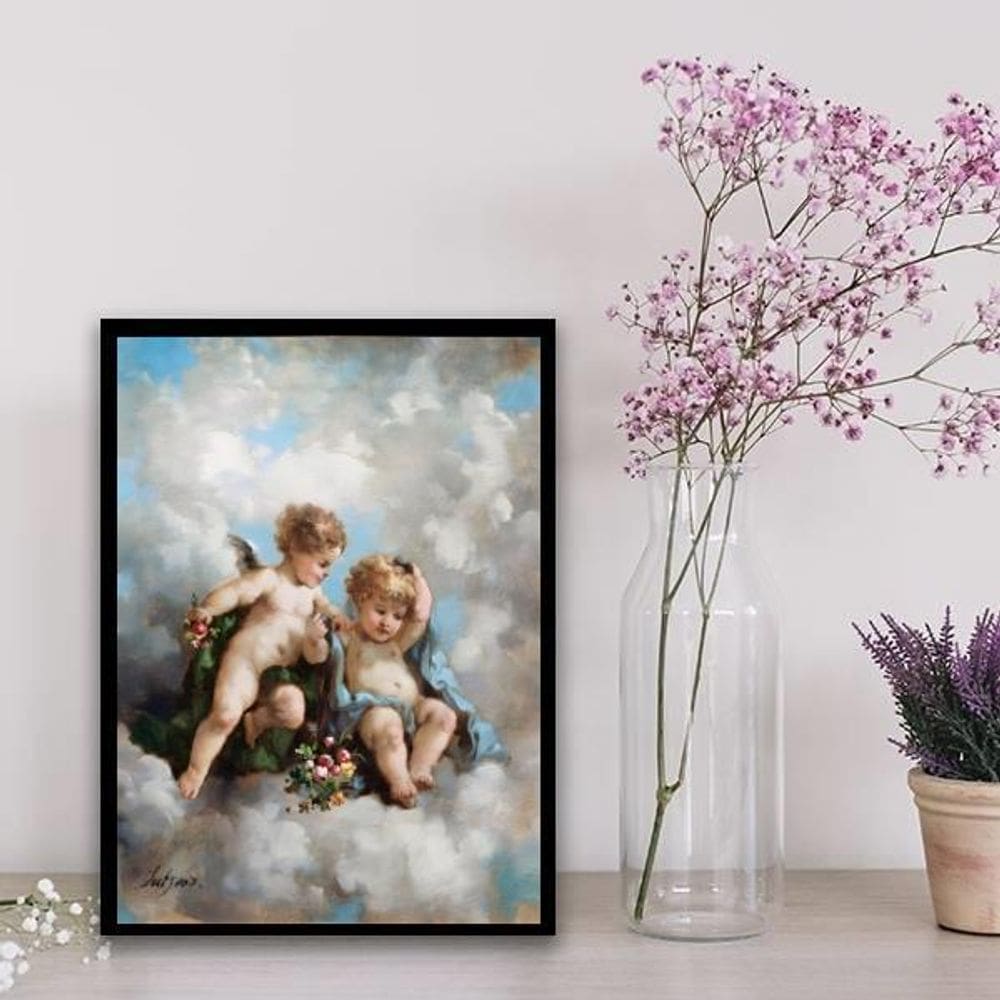 Quadro Decorativo Anjinhos Querubins 24X18Cm - Vidro Preta