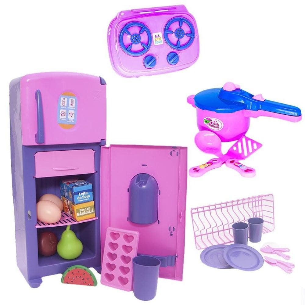 Brinquedo menina cozinha geladeira panela pratos fogão 23pç