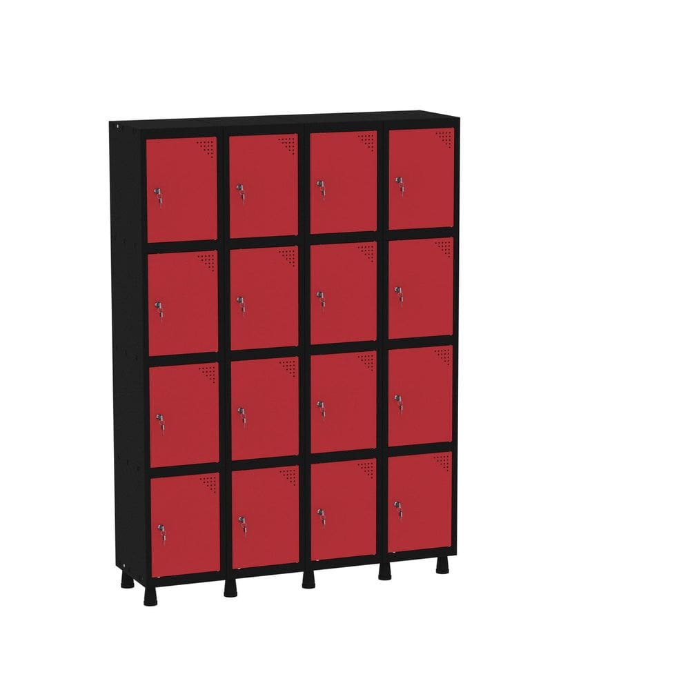 Armário Guarda Volume Locker Roupeiro 16 Portas Aço GRF 504/16 Preto/Vermelho