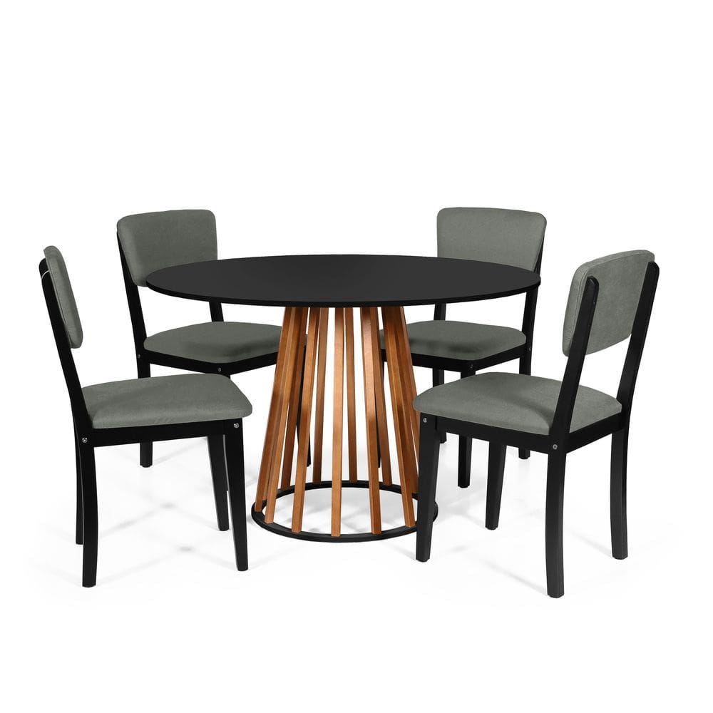 Mesa de Jantar Redonda Gabi Nat/Pret com 4 Cadeiras Estofadas Ella Preto/Cinza