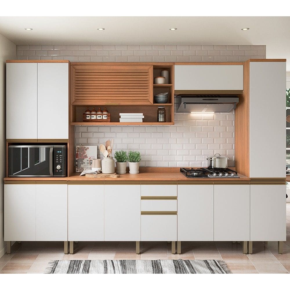 Cozinha Completa Macadâmia 12 Portas 3 Gavetas Freijó/Branco 914431 - Thela