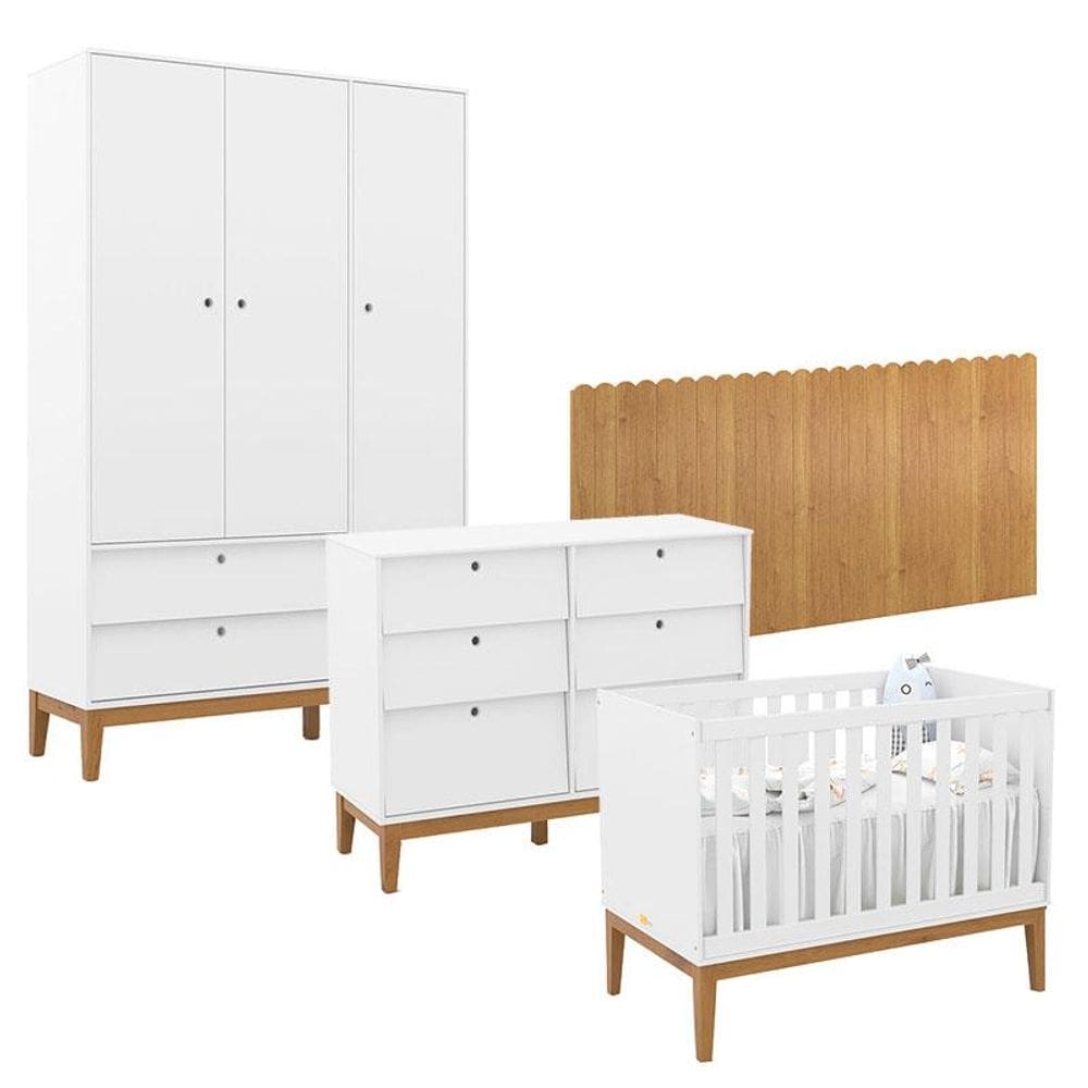 Quarto de Bebê Unique 3 Portas com Cômoda 6 Gavetas e Painel Farm Branco Soft Eco Wood - Matic
