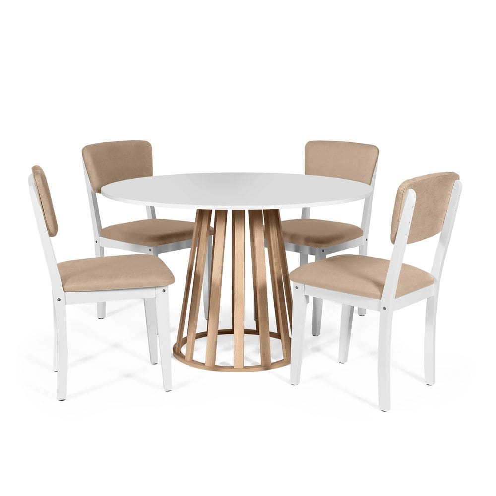 Mesa de Jantar Redonda Gabi Bran/Jade com 4 Cadeiras Estofadas Ella Branco/Bege