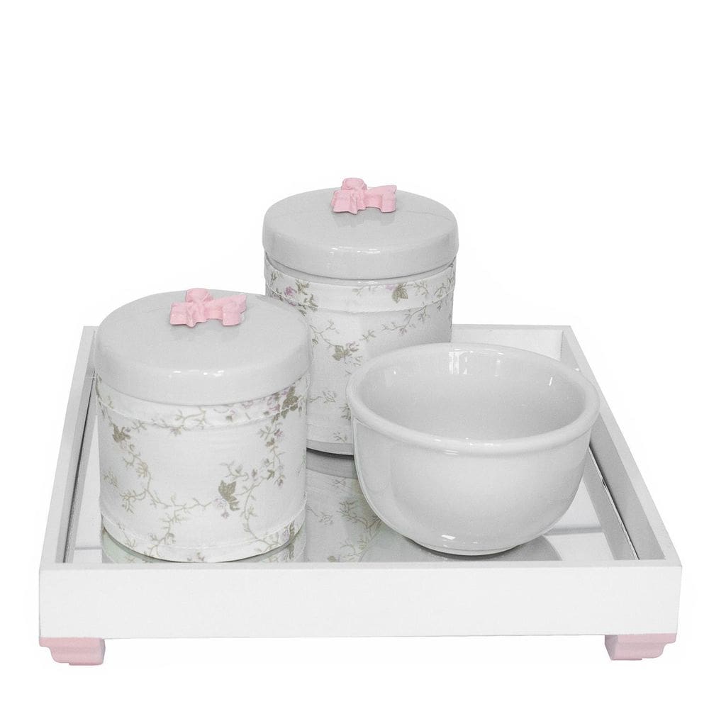 Kit higiene bandeja porcelanas espelho flor liz rosa bebê