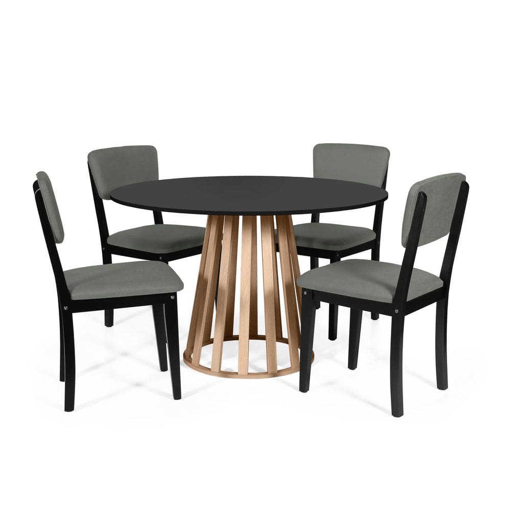Mesa de Jantar Redonda Gabi Pret/Jade com 4 Cadeiras Estofadas Ella Preto/Cinza