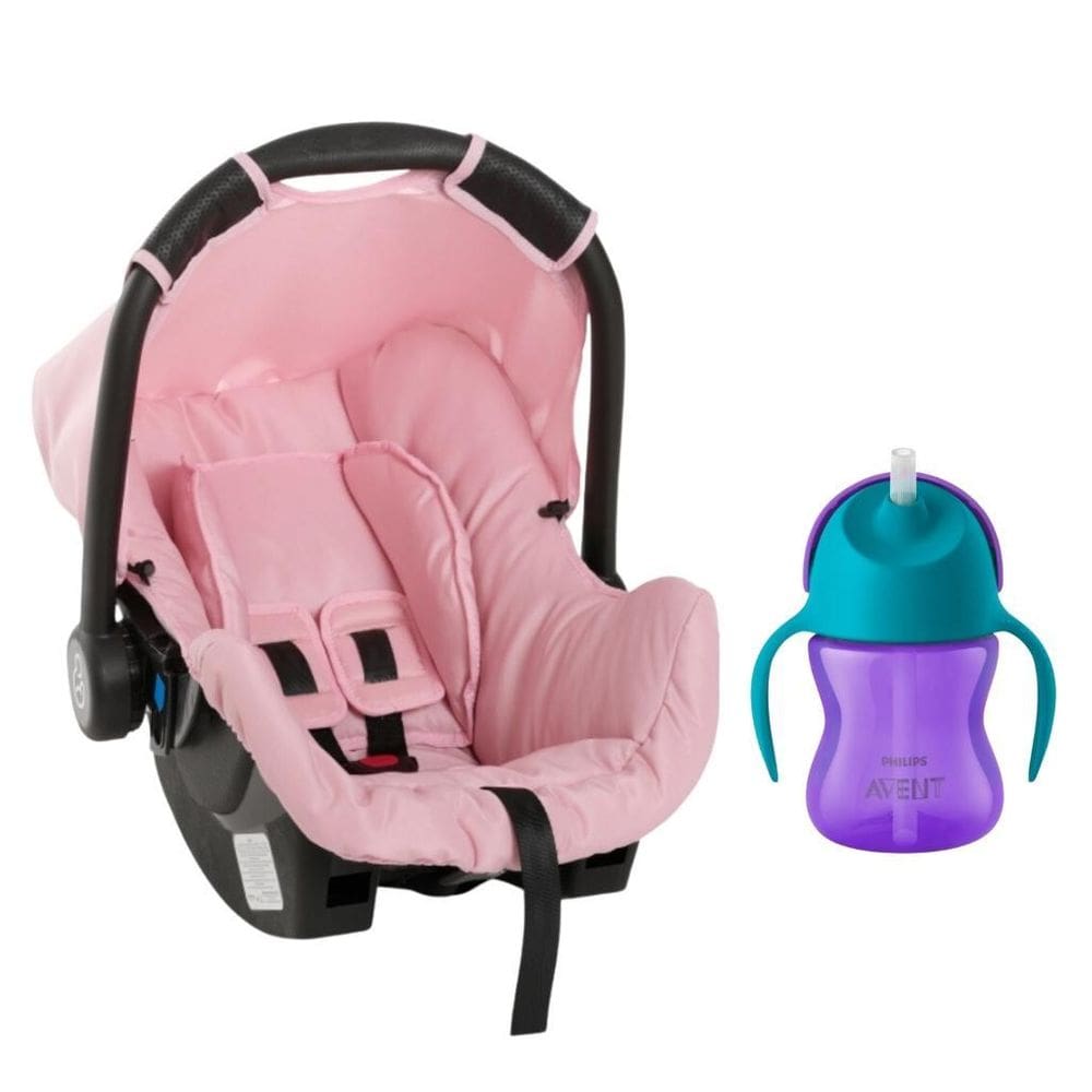 Bebê conforto grid rosa e copo de treinamento dino 9m+