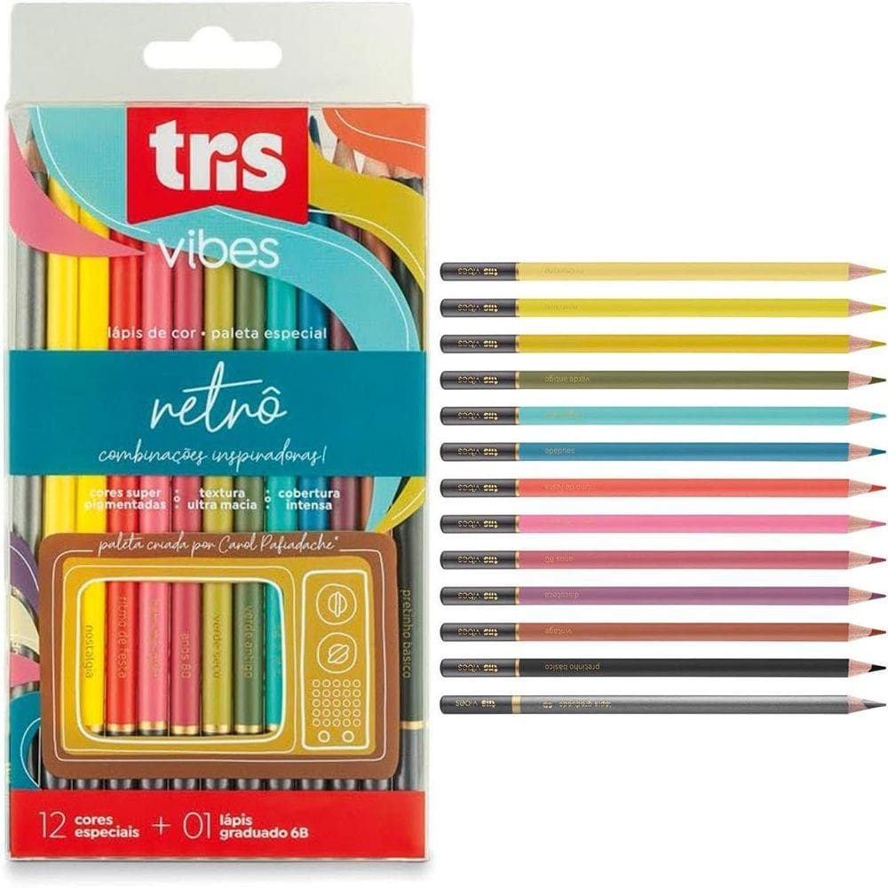 Lápis de cor vibes retrô 12 cores + lápis graduado 6b - tris