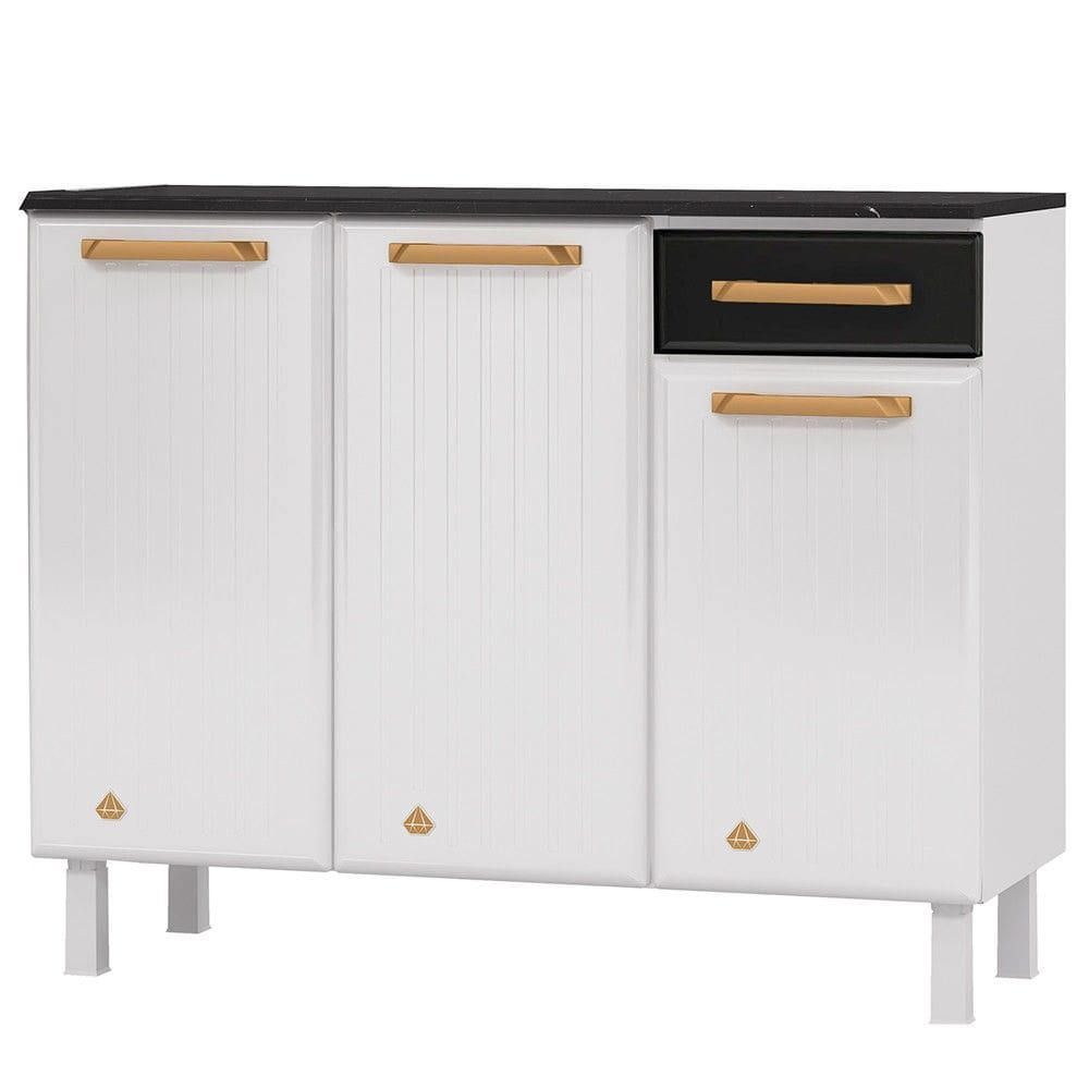 Balcão de Cozinha Aço com Tampo Diamante 3 Portas 1 Gaveta Branco/Preto - Telasul